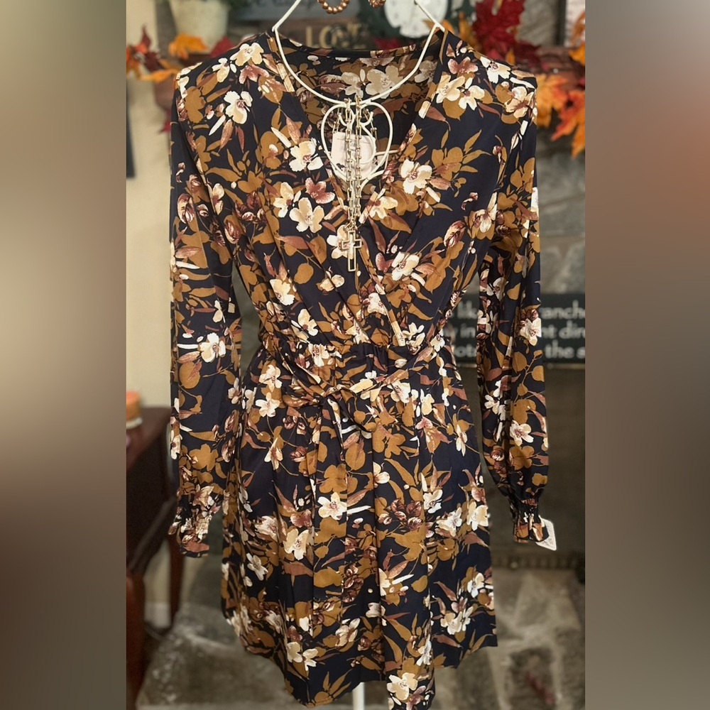 Floral Wrap Dress - beige , black and Brown